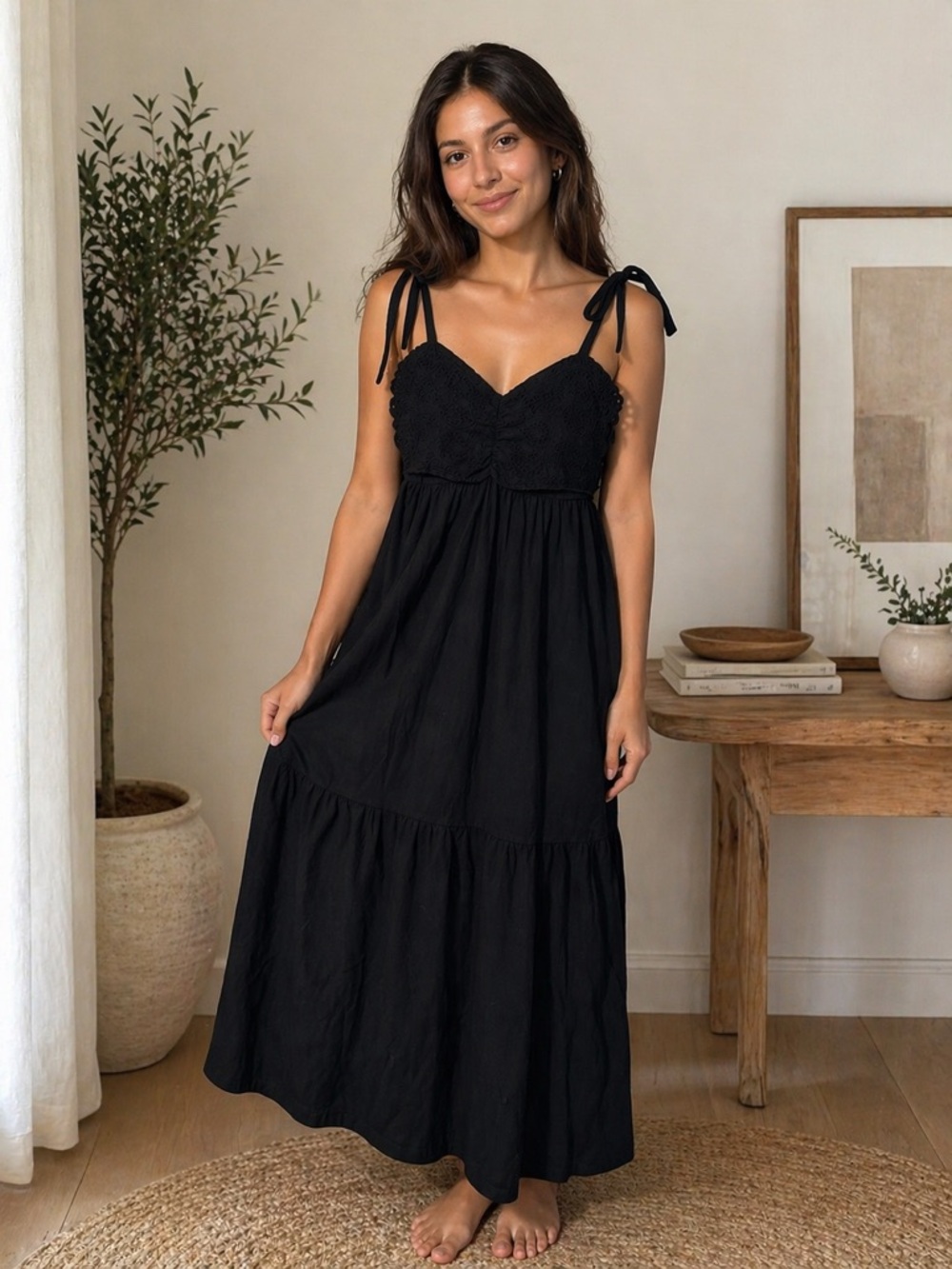 Mango Black Tie-Strap Maxi Dress